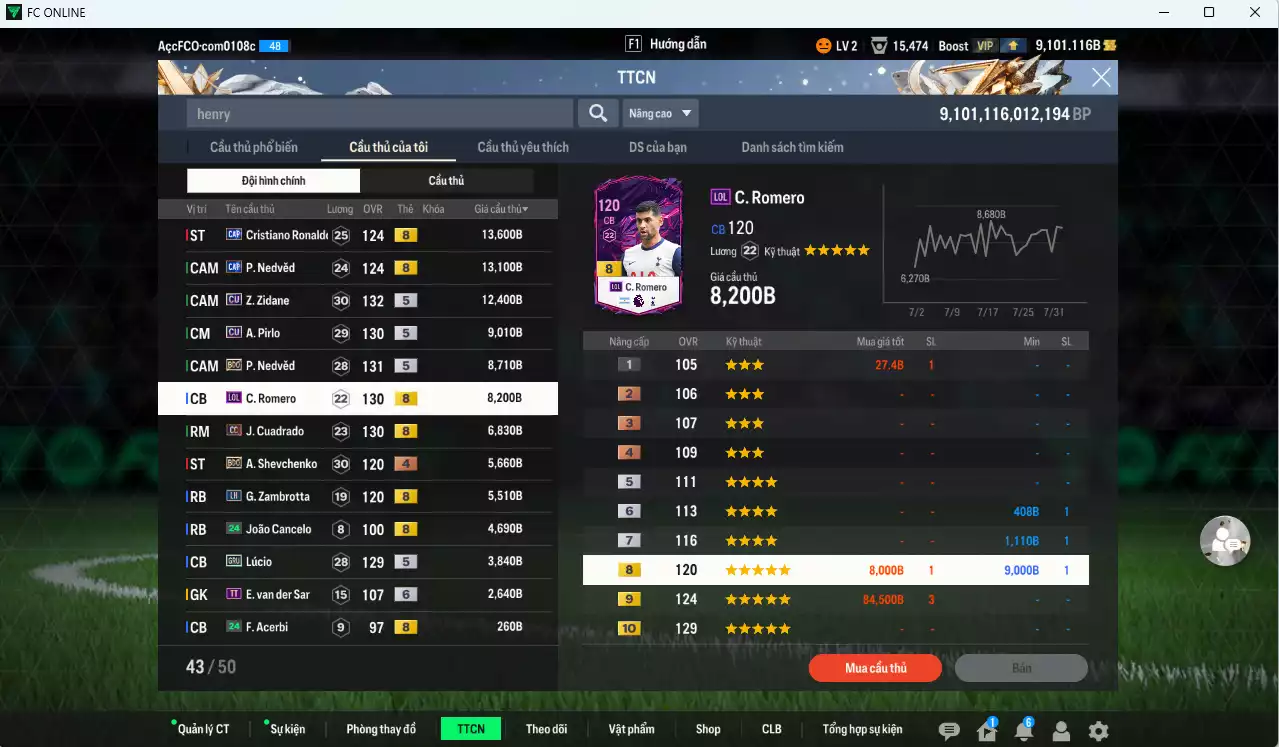 Ảnh [ACC Rẻ🔥] Juventus 162.480b dư 9100b có Henry ITM khóa, CR7 GRU, Nedved CAP, Zidane CU, Pirlo CU, Nedved BDO, CR7 CAP, Romero LOL, Cuadrado CC...