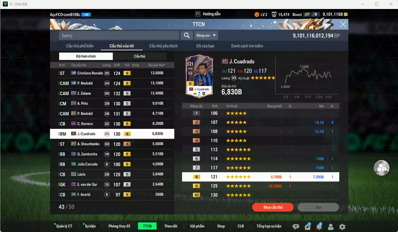 Ảnh [ACC Rẻ🔥] Juventus 162.480b dư 9100b có Henry ITM khóa, CR7 GRU, Nedved CAP, Zidane CU, Pirlo CU, Nedved BDO, CR7 CAP, Romero LOL, Cuadrado CC...