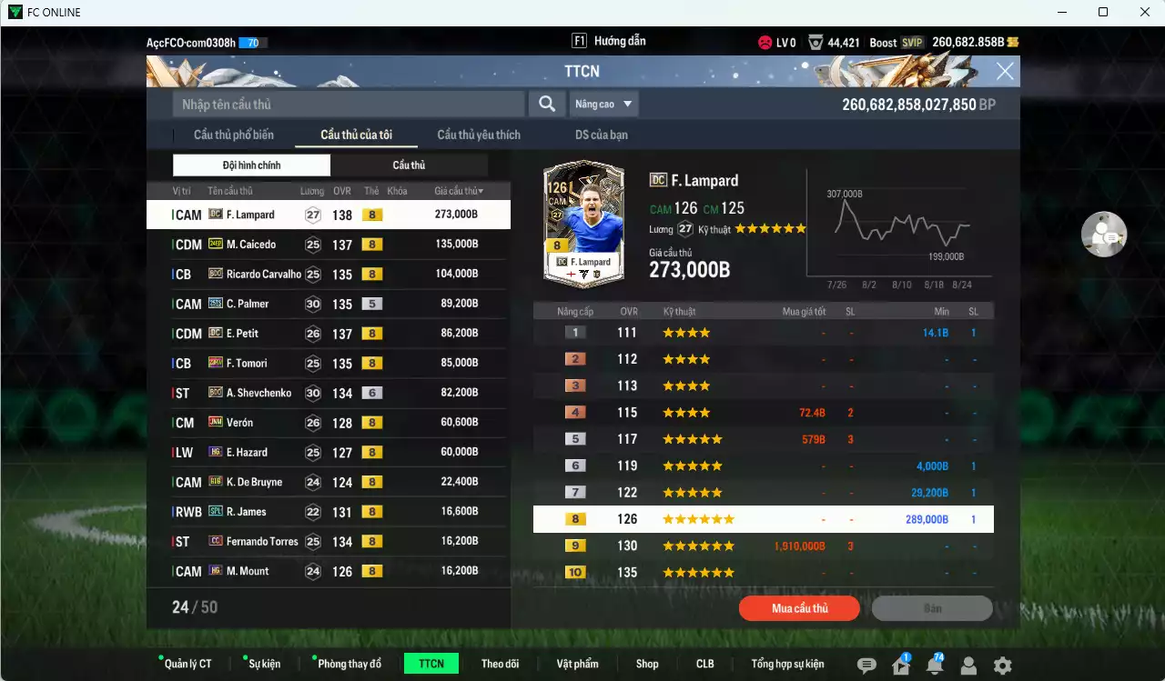 Ảnh [Tặng 1300FC, Dư nhiều BP] Chelsea 1.102.090b dư 260.000b có Lampard DC, Caicede 24EP, Ricardo Carvalho BDO, Palmer 25TS, Petit DC, Tomori 23HW, Sheva BDO+6, Verón JNM, Hazard HG, K. De Bruyne BTB, James SPL, Torres CC...
