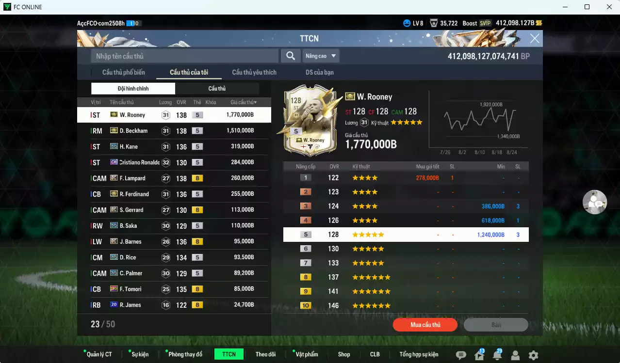 Ảnh [Dư nhiều BP] Tuyển Anh 5.082.010b dư 412.000b có Rooney ITM+5, Beckham ITM+5, Kane 25TS, CR7 CH (bù), Ferdinand ITM+5, Lampard DC, Gerrard DC, Barnes DC, Saka 25TS, Rice 25TS, Palmer 25TS, Tomori 23HW...