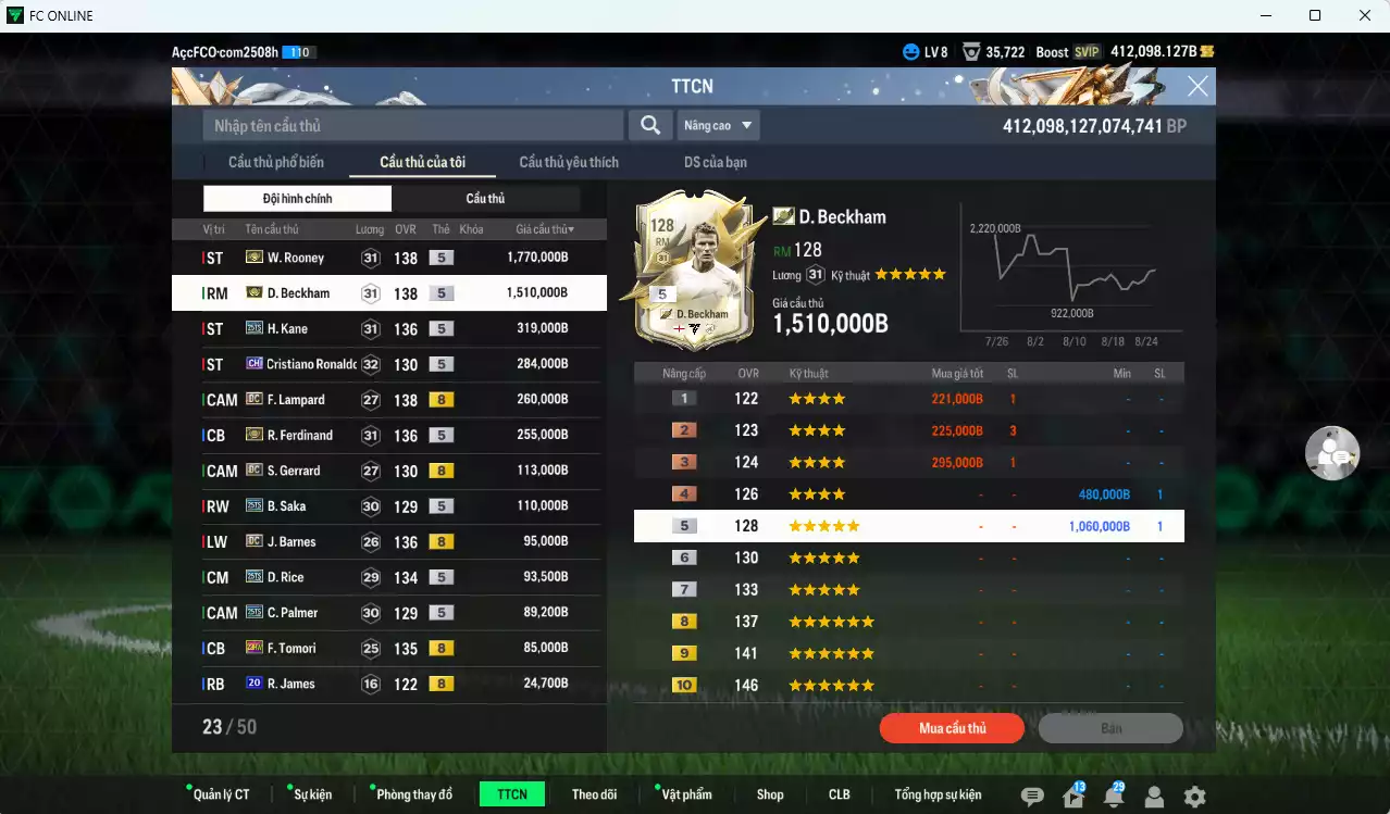 Ảnh [Dư nhiều BP] Tuyển Anh 5.082.010b dư 412.000b có Rooney ITM+5, Beckham ITM+5, Kane 25TS, CR7 CH (bù), Ferdinand ITM+5, Lampard DC, Gerrard DC, Barnes DC, Saka 25TS, Rice 25TS, Palmer 25TS, Tomori 23HW...