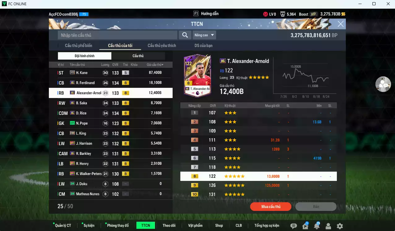 Ảnh [ACC HSSV] Team Anh 159.890b dư 3200b có Kane 24TS, Ferdinand HG, Arnold HG, Saka HG, Rice HG, Pope 24PL, King 23HR, Harrison 23HW...