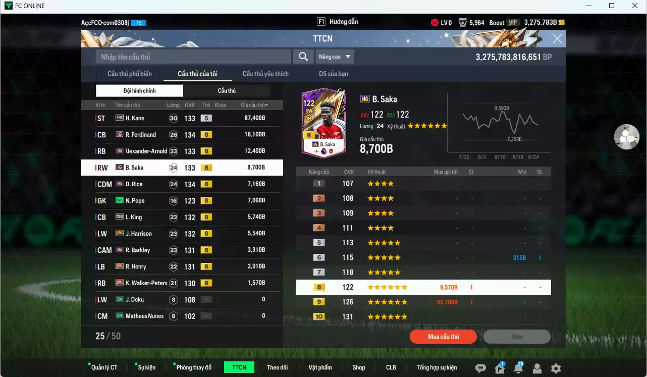 Ảnh [ACC HSSV] Team Anh 159.890b dư 3200b có Kane 24TS, Ferdinand HG, Arnold HG, Saka HG, Rice HG, Pope 24PL, King 23HR, Harrison 23HW...