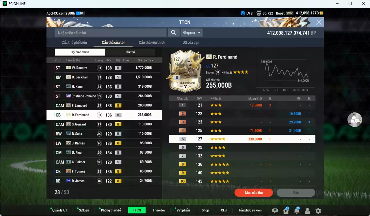 Ảnh [Dư nhiều BP] Tuyển Anh 5.082.010b dư 412.000b có Rooney ITM+5, Beckham ITM+5, Kane 25TS, CR7 CH (bù), Ferdinand ITM+5, Lampard DC, Gerrard DC, Barnes DC, Saka 25TS, Rice 25TS, Palmer 25TS, Tomori 23HW...