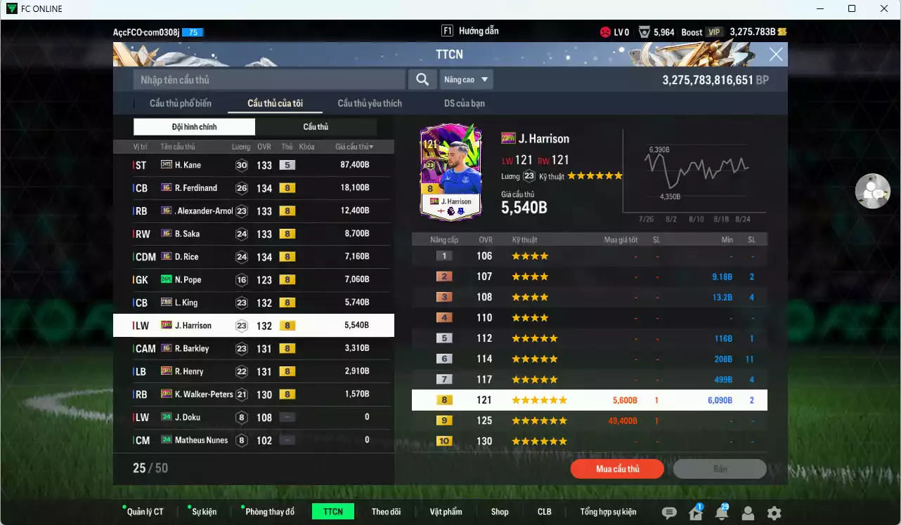 Ảnh [ACC HSSV] Team Anh 159.890b dư 3200b có Kane 24TS, Ferdinand HG, Arnold HG, Saka HG, Rice HG, Pope 24PL, King 23HR, Harrison 23HW...