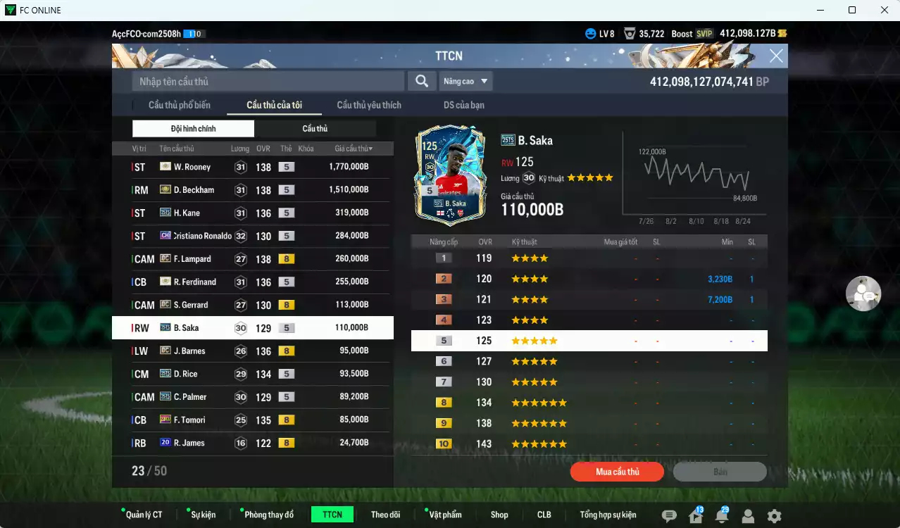 Ảnh [Dư nhiều BP] Tuyển Anh 5.082.010b dư 412.000b có Rooney ITM+5, Beckham ITM+5, Kane 25TS, CR7 CH (bù), Ferdinand ITM+5, Lampard DC, Gerrard DC, Barnes DC, Saka 25TS, Rice 25TS, Palmer 25TS, Tomori 23HW...