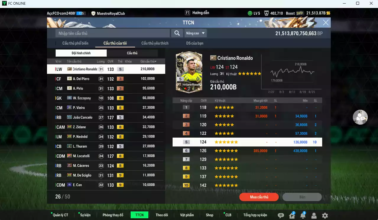 Ảnh Juventus 734.310b dư 21.500b có CR7 BLD, Del Piero ITM+3, Pirlo ITM+3, Vieira LN, Cancelo 25TS, Zidane BTB, Nedved BTB, Thuram LE, Locatelli 23HW, Cáceres CC, Can FA+9, De Sciglio BTB+9, Lúcio CU... Đào tạo chiến thuật và cầu thủ cần full, HLV Xịn