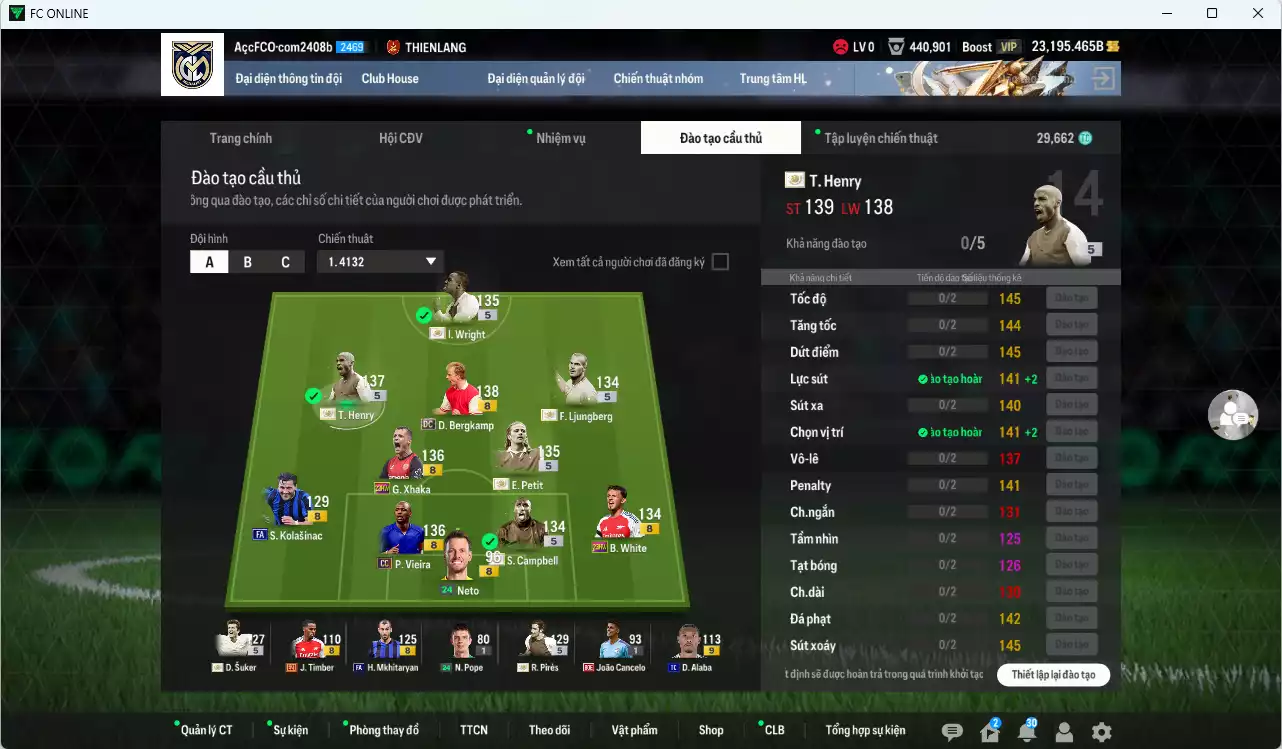 Ảnh Arsenal 2.141.280b dư 23.100b có Henry ITM+5, Bergkamp DC, Petit ITM+5, Vieira CC, Wright ITM+5, Campbell ITM+5, Pirès ITM+5, Xhaka 23HW, Suker ITM+5, Ljungberg ITM+5, White 23HW... Đã đào tạo full nhiều cầu thủ, HLV Xịn