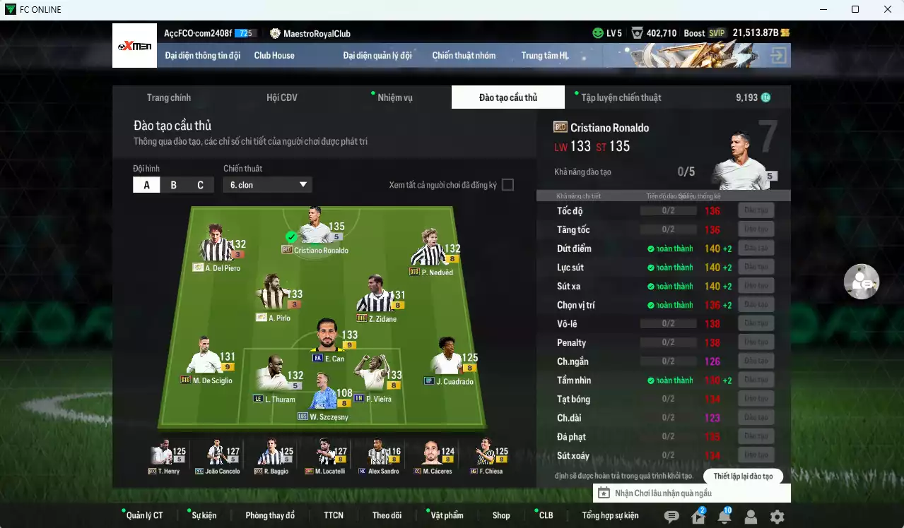 Ảnh Juventus 734.310b dư 21.500b có CR7 BLD, Del Piero ITM+3, Pirlo ITM+3, Vieira LN, Cancelo 25TS, Zidane BTB, Nedved BTB, Thuram LE, Locatelli 23HW, Cáceres CC, Can FA+9, De Sciglio BTB+9, Lúcio CU... Đào tạo chiến thuật và cầu thủ cần full, HLV Xịn