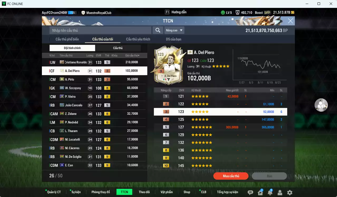 Ảnh Juventus 734.310b dư 21.500b có CR7 BLD, Del Piero ITM+3, Pirlo ITM+3, Vieira LN, Cancelo 25TS, Zidane BTB, Nedved BTB, Thuram LE, Locatelli 23HW, Cáceres CC, Can FA+9, De Sciglio BTB+9, Lúcio CU... Đào tạo chiến thuật và cầu thủ cần full, HLV Xịn
