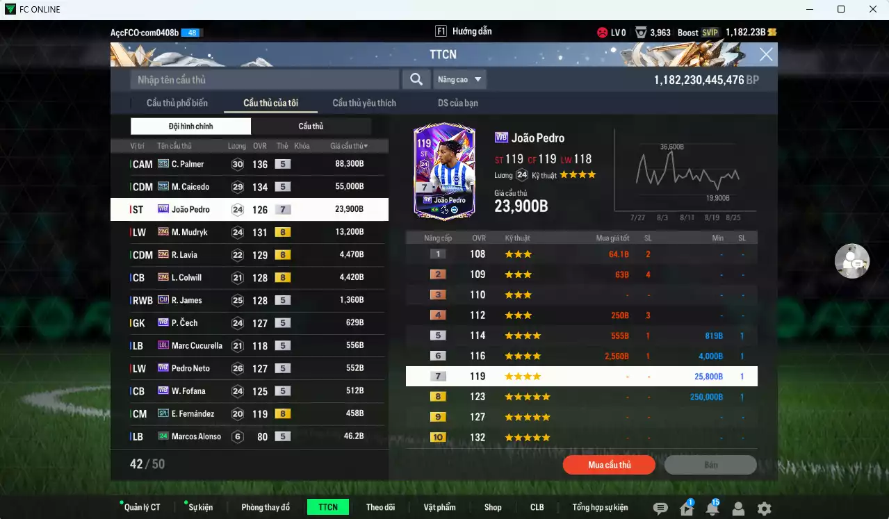 Ảnh [ACC Rẻ🔥] Chelsea 193.440b có Palmer 25TS, Caicedo 25TS, João Pedro WB+7, Mudryk 23NG, Lavia 23NG, Colwill 23NG...