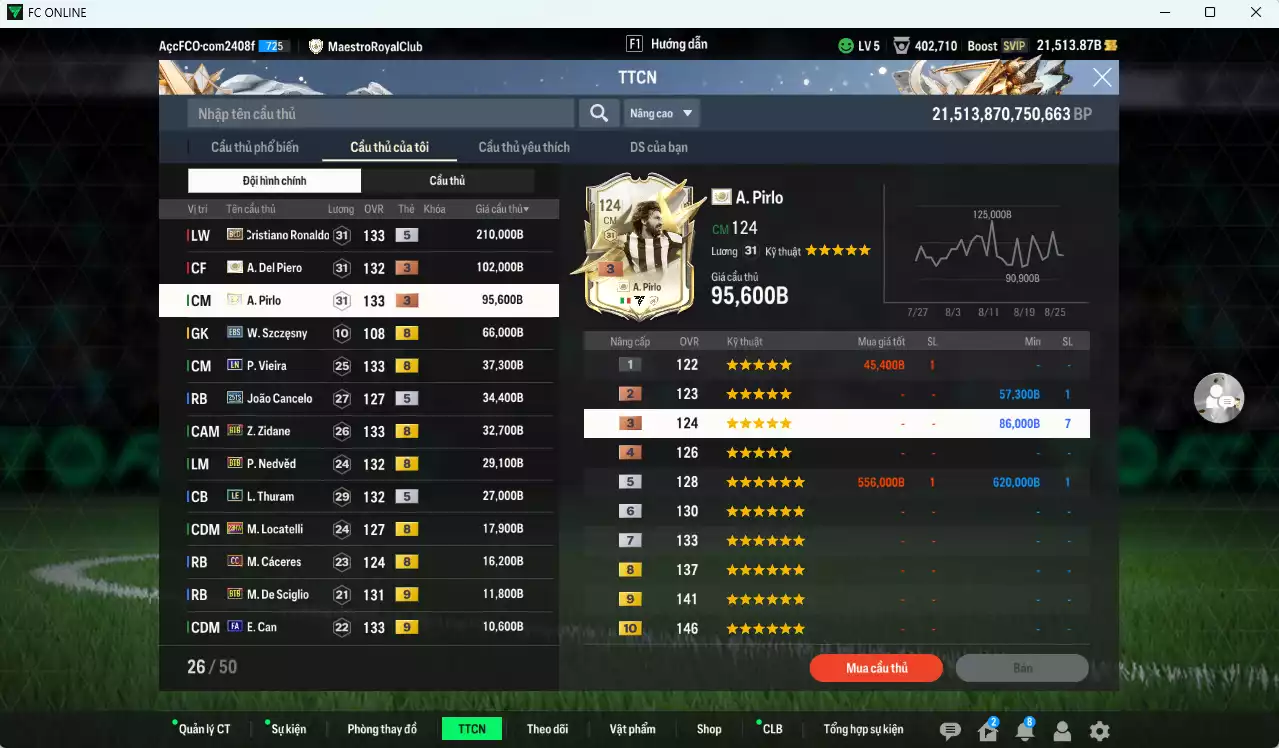 Ảnh Juventus 734.310b dư 21.500b có CR7 BLD, Del Piero ITM+3, Pirlo ITM+3, Vieira LN, Cancelo 25TS, Zidane BTB, Nedved BTB, Thuram LE, Locatelli 23HW, Cáceres CC, Can FA+9, De Sciglio BTB+9, Lúcio CU... Đào tạo chiến thuật và cầu thủ cần full, HLV Xịn