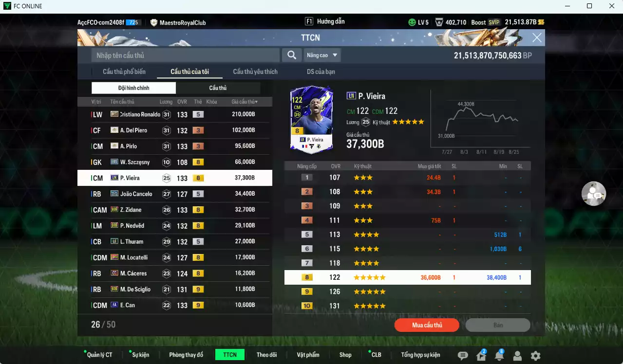 Ảnh Juventus 734.310b dư 21.500b có CR7 BLD, Del Piero ITM+3, Pirlo ITM+3, Vieira LN, Cancelo 25TS, Zidane BTB, Nedved BTB, Thuram LE, Locatelli 23HW, Cáceres CC, Can FA+9, De Sciglio BTB+9, Lúcio CU... Đào tạo chiến thuật và cầu thủ cần full, HLV Xịn