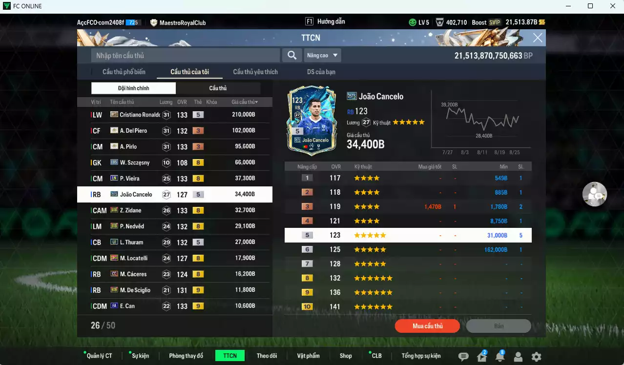 Ảnh Juventus 734.310b dư 21.500b có CR7 BLD, Del Piero ITM+3, Pirlo ITM+3, Vieira LN, Cancelo 25TS, Zidane BTB, Nedved BTB, Thuram LE, Locatelli 23HW, Cáceres CC, Can FA+9, De Sciglio BTB+9, Lúcio CU... Đào tạo chiến thuật và cầu thủ cần full, HLV Xịn