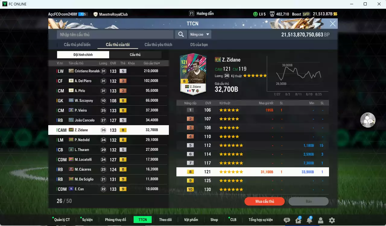 Ảnh Juventus 734.310b dư 21.500b có CR7 BLD, Del Piero ITM+3, Pirlo ITM+3, Vieira LN, Cancelo 25TS, Zidane BTB, Nedved BTB, Thuram LE, Locatelli 23HW, Cáceres CC, Can FA+9, De Sciglio BTB+9, Lúcio CU... Đào tạo chiến thuật và cầu thủ cần full, HLV Xịn