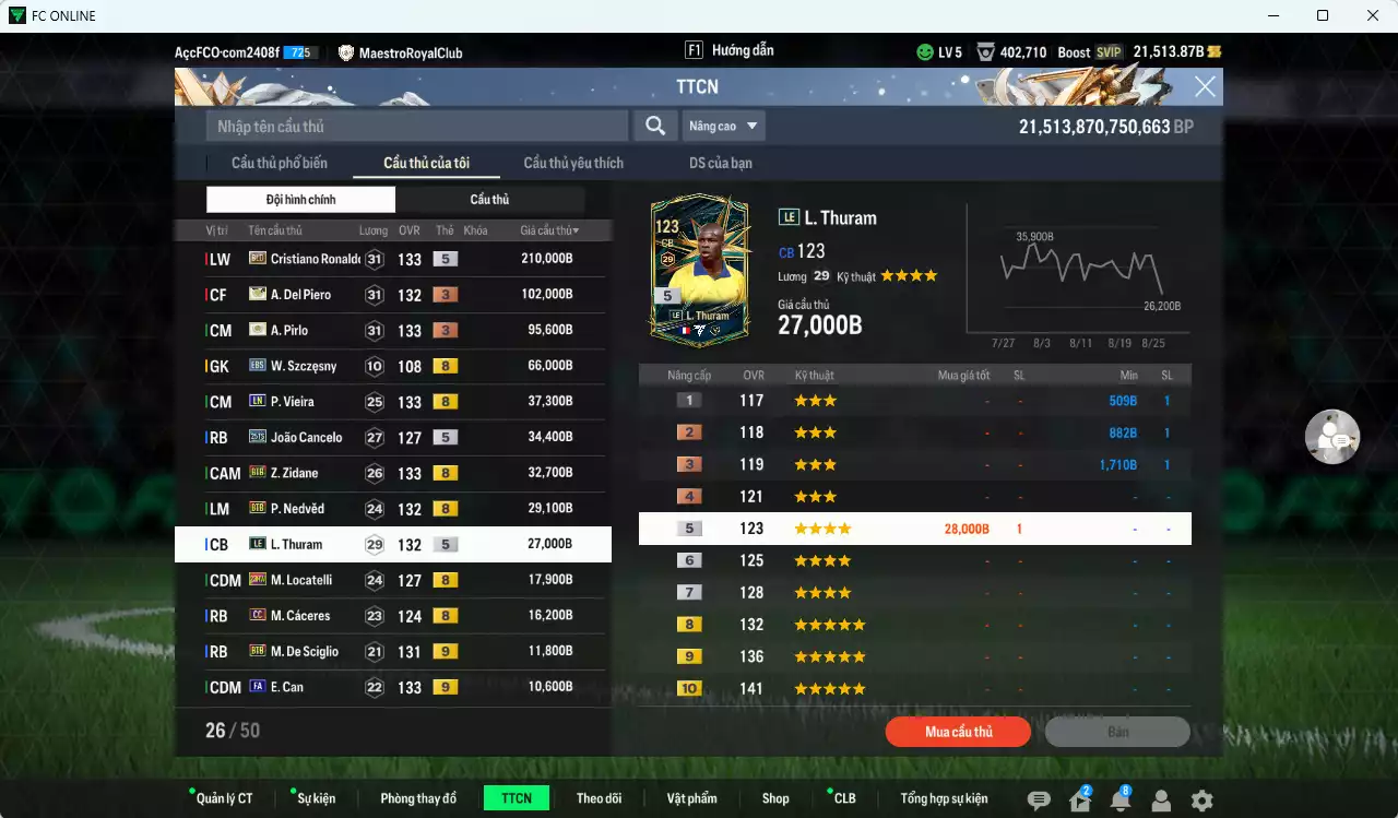 Ảnh Juventus 734.310b dư 21.500b có CR7 BLD, Del Piero ITM+3, Pirlo ITM+3, Vieira LN, Cancelo 25TS, Zidane BTB, Nedved BTB, Thuram LE, Locatelli 23HW, Cáceres CC, Can FA+9, De Sciglio BTB+9, Lúcio CU... Đào tạo chiến thuật và cầu thủ cần full, HLV Xịn
