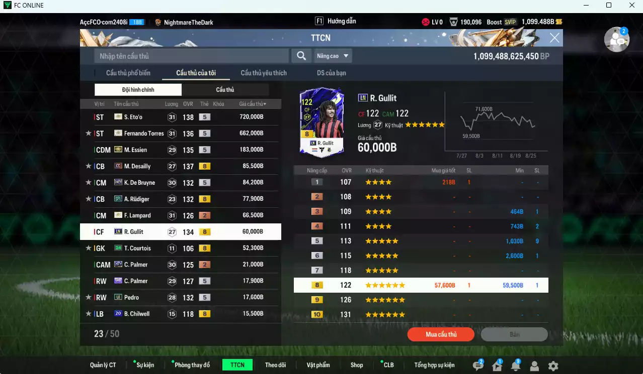 Ảnh [ACC Rẻ🔥] Chelsea 2.093.610b có Eto ITM+5, Torres ITM+5, Essien ITM+5, Desailly CC, Rudiger SPL, K. De Bruyne 24TY, Lampard ITM+2, Gullit LN, Palmer WB, Pedro LE, Giroud CC... Còn nhiều CP GIẢM THUẾ, HLV Xịn