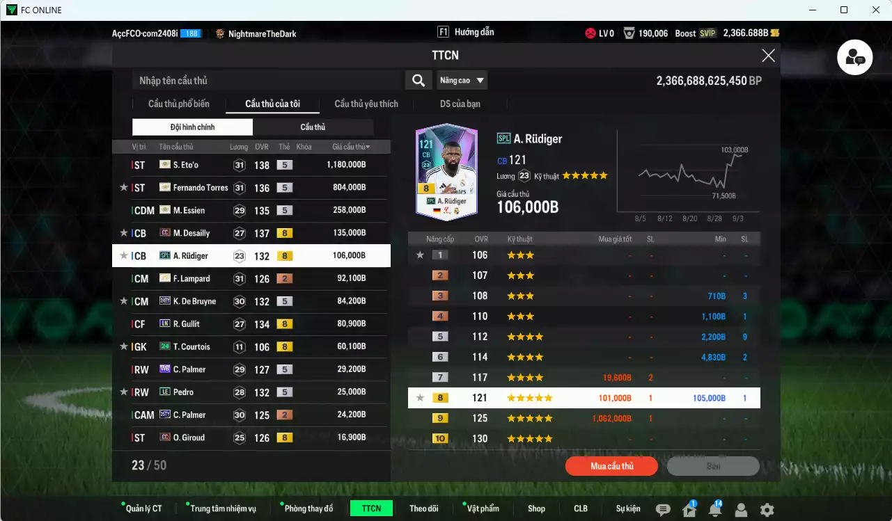 Ảnh [ACC Rẻ🔥] Chelsea 2.928.830b có Eto ITM+5, Torres ITM+5, Essien ITM+5, Desailly CC, Rudiger SPL, Gullit LN, Lampard ITM+2, De Bruyne 24TY, Palmer WB... Còn nhiều CP GIẢM THUẾ