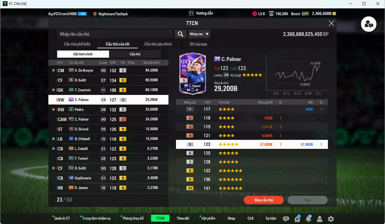 Ảnh [ACC Rẻ🔥] Chelsea 2.928.830b có Eto ITM+5, Torres ITM+5, Essien ITM+5, Desailly CC, Rudiger SPL, Gullit LN, Lampard ITM+2, De Bruyne 24TY, Palmer WB... Còn nhiều CP GIẢM THUẾ
