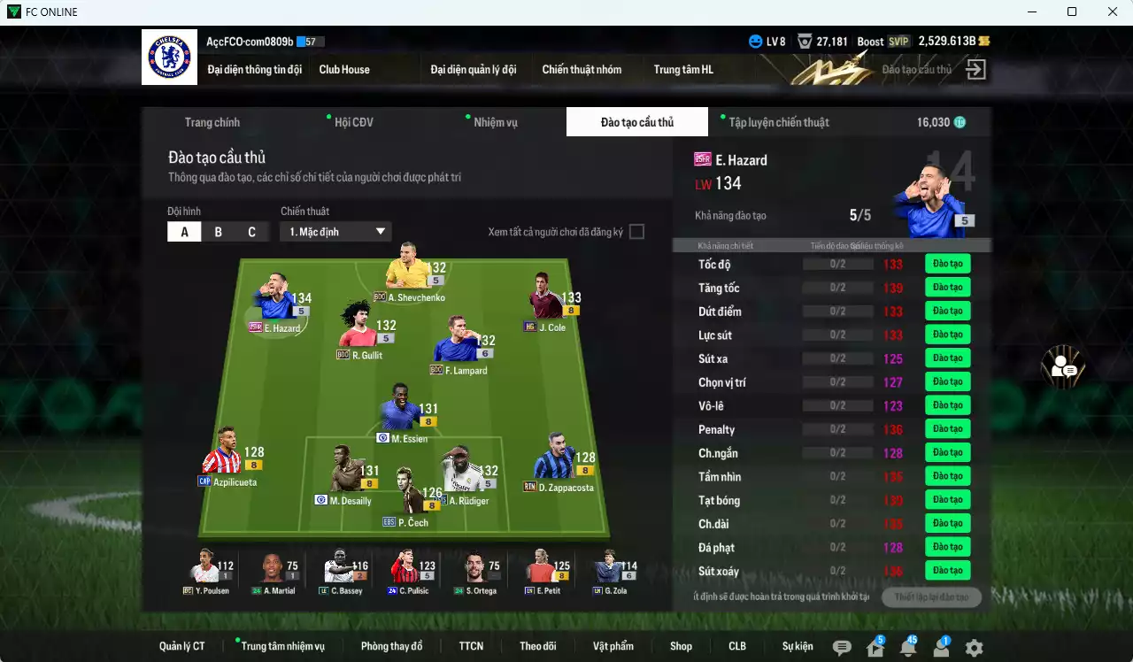 Ảnh Chelsea 263.280b có Hazard 25HR, Rudiger 25TS, Lampard BDO+6, Gullit BDO, Essien CFA, Sheva BDO, Desailly CFA...