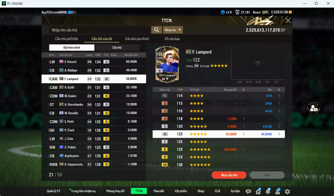 Ảnh Chelsea 263.280b có Hazard 25HR, Rudiger 25TS, Lampard BDO+6, Gullit BDO, Essien CFA, Sheva BDO, Desailly CFA...