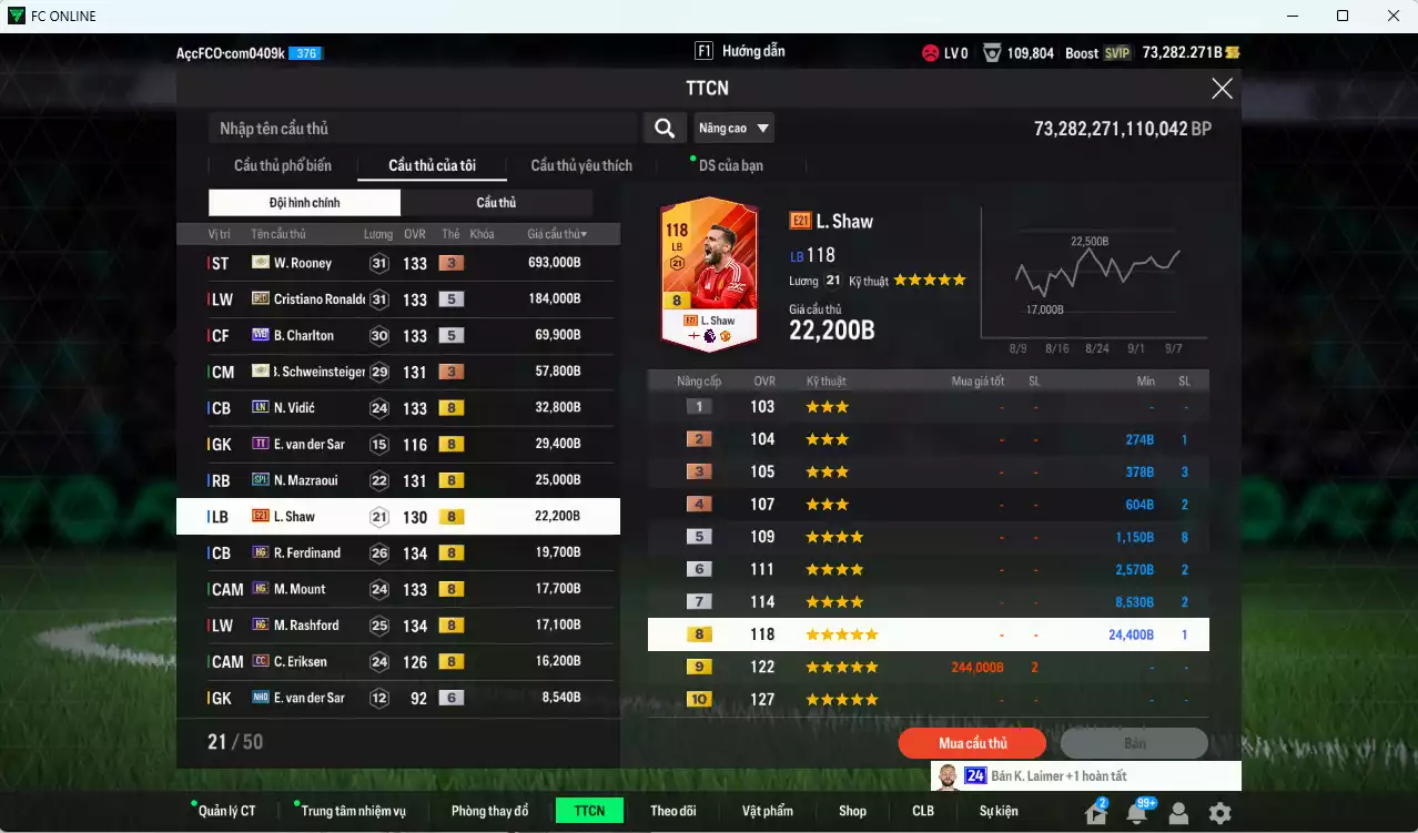 Ảnh [ACC Rẻ🔥] Man Utd. 1.198.820b dư 73.000b có Rooney ITM+3, CR7 BLD, Charlton WB, Vidic LN, Schweinsteiger ITM+3, Ferdinand HG, Mazraoui SPL, Shaw E21, Mount HG, Rashford HG, Eriksen CC... HLV Xịn