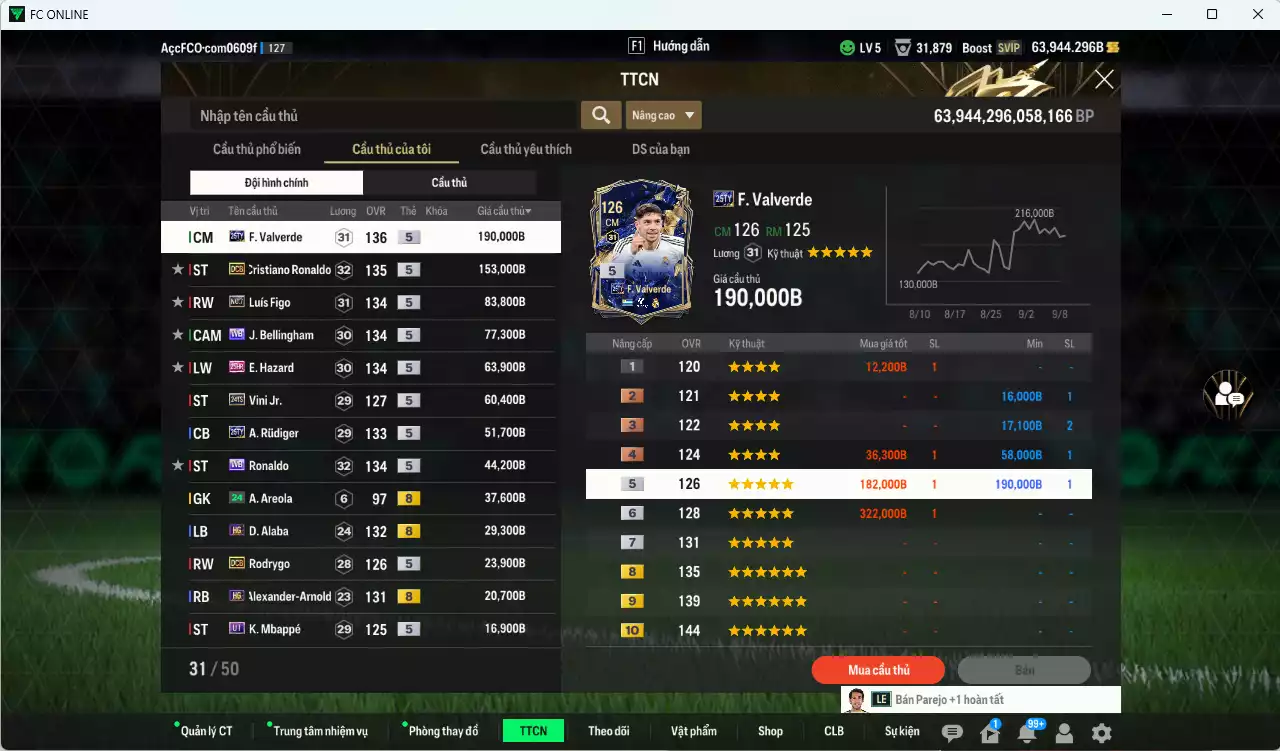 Ảnh Real Madird 878.120b dư 64.000b có Valverde 25TY, Ronaldo WB (fix BP), CR7 DCB, Figo No.7, Bellingham WB, Hazard 25HR, Vini 24TS, Rudiger 25TY, Alaba HG, Rodrygo DCB... Còn nhiều CP GIẢM THUẾ