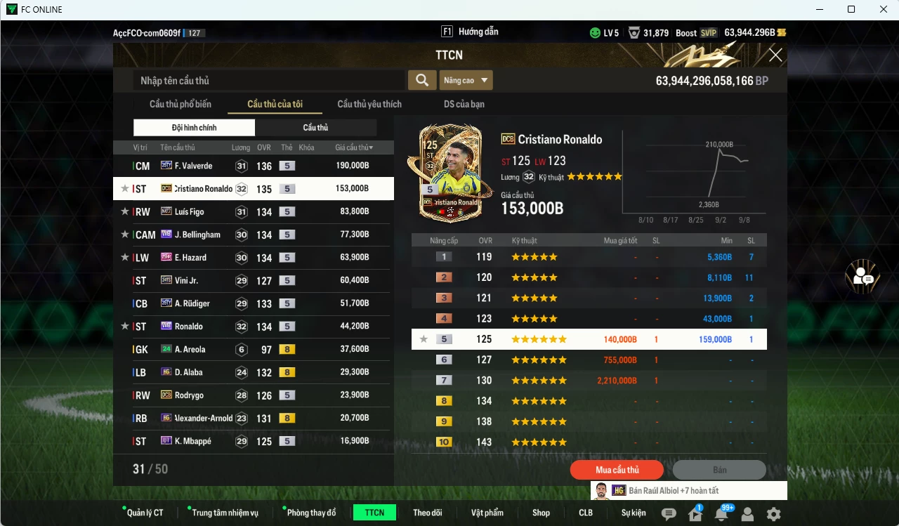 Ảnh Real Madird 878.120b dư 64.000b có Valverde 25TY, Ronaldo WB (fix BP), CR7 DCB, Figo No.7, Bellingham WB, Hazard 25HR, Vini 24TS, Rudiger 25TY, Alaba HG, Rodrygo DCB... Còn nhiều CP GIẢM THUẾ