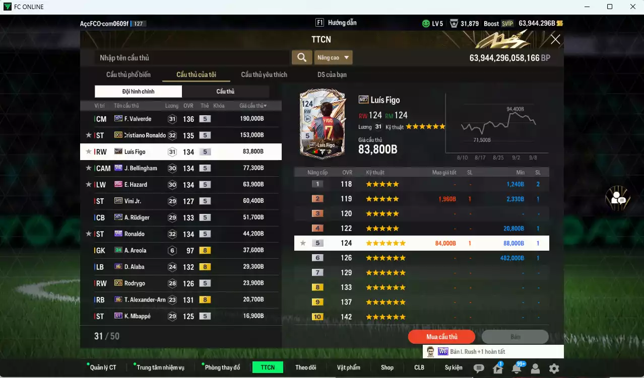 Ảnh Real Madird 878.120b dư 64.000b có Valverde 25TY, Ronaldo WB (fix BP), CR7 DCB, Figo No.7, Bellingham WB, Hazard 25HR, Vini 24TS, Rudiger 25TY, Alaba HG, Rodrygo DCB... Còn nhiều CP GIẢM THUẾ