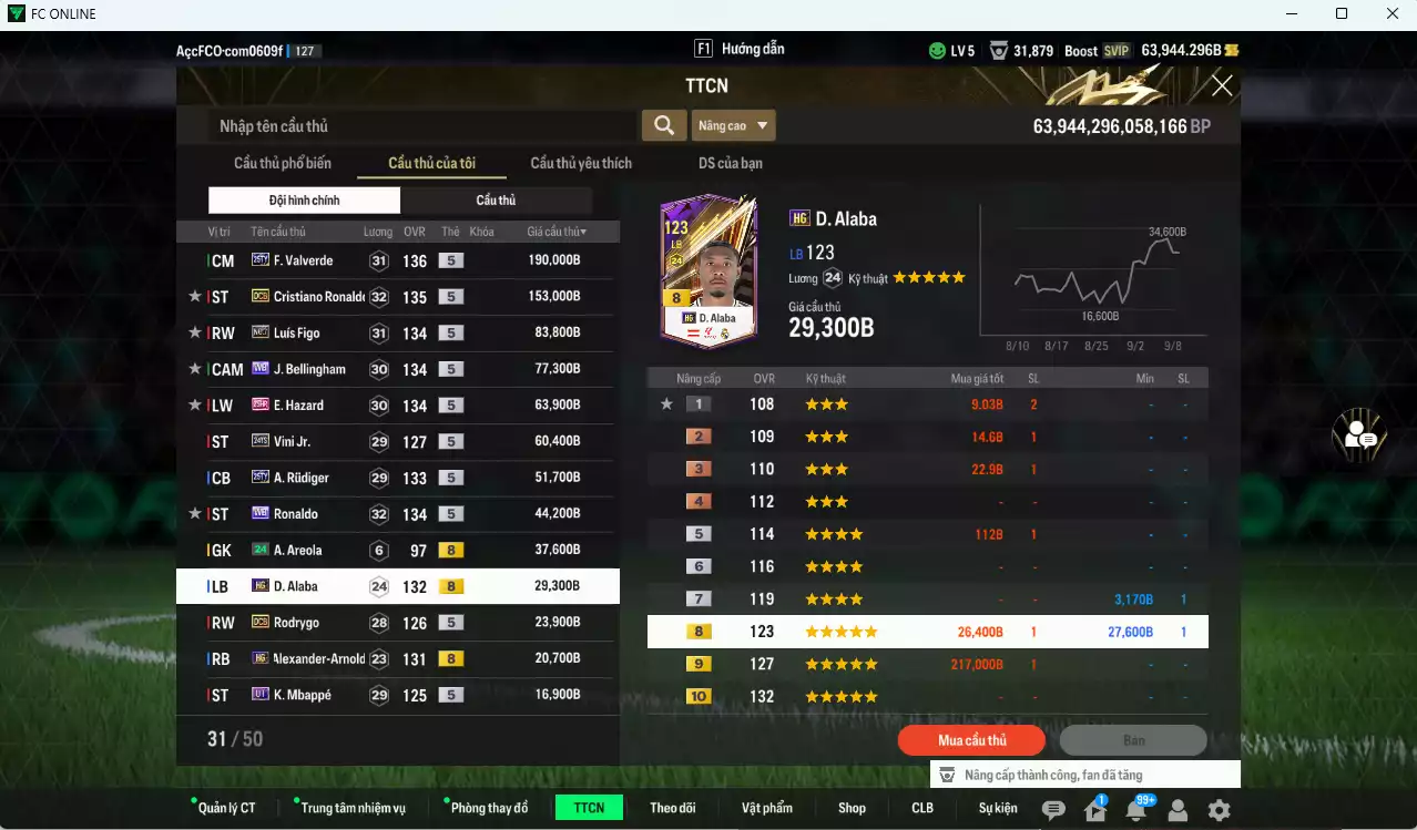 Ảnh Real Madird 878.120b dư 64.000b có Valverde 25TY, Ronaldo WB (fix BP), CR7 DCB, Figo No.7, Bellingham WB, Hazard 25HR, Vini 24TS, Rudiger 25TY, Alaba HG, Rodrygo DCB... Còn nhiều CP GIẢM THUẾ