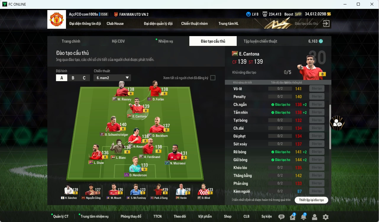 Ảnh [Tặng 500FC, ACC Rẻ🔥] Man Utd. 2.555.490b dư 34.000b có Beckham DC, Cantona JNM, Forlán CC, Rooney DC, Schweinsteiger DC, Keane DC, Beckham HG, Blanc JNM, Shaw 23HW, Dean LOL+9, Park CC, Verón JNM... Đã full đào tạo chiến thuật lẫn cầu thủ, còn nhiều CP GIẢM THUẾ, HLV Xịn