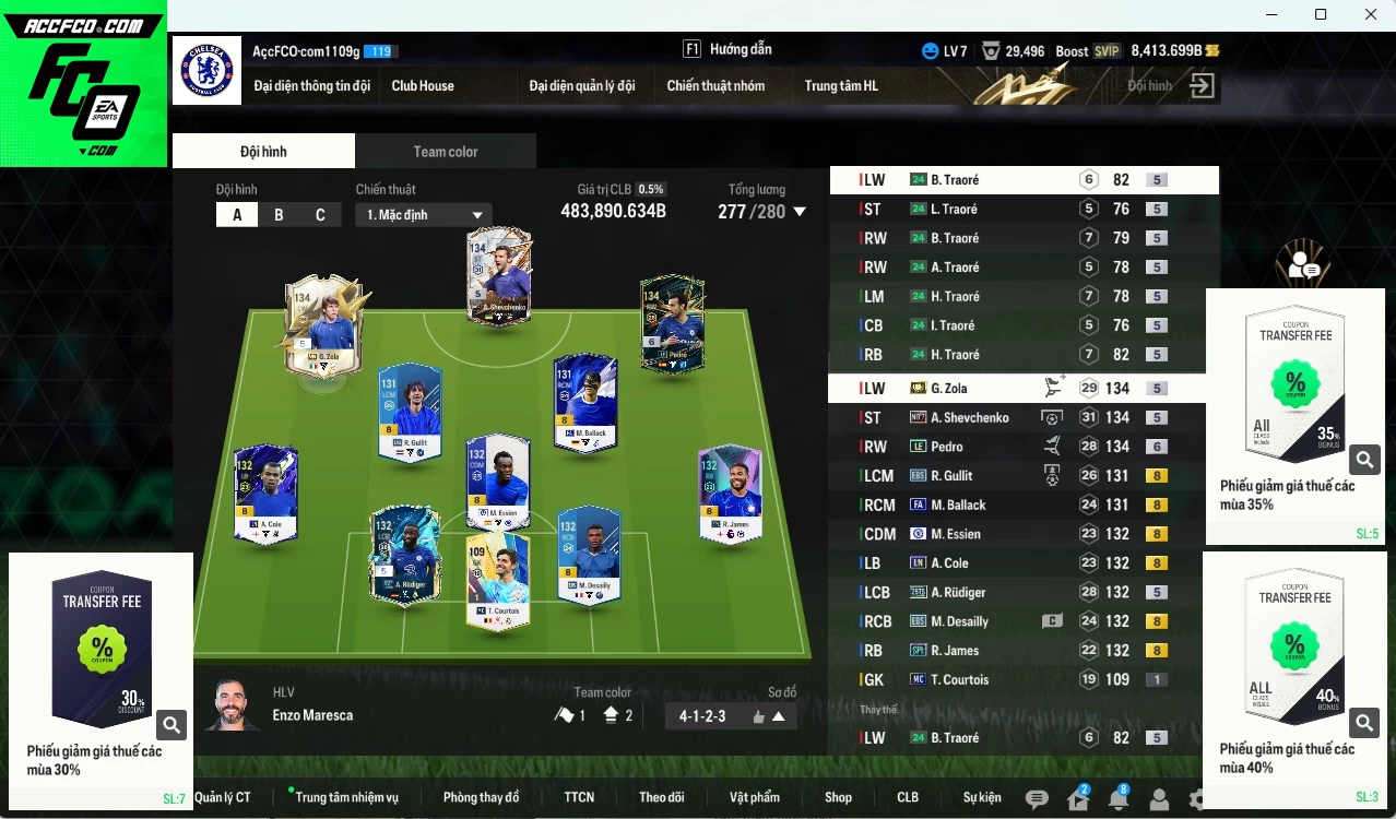 Chelsea 483.890b có Pedro LE+6, Zola ITM+5, Sheva No.7, Gullit EBS, Rudiger 25TS, Ballack FA, Essien CFA, James SPL, A. Cole LN, Desailly EBS. Còn nhiều CP GIẢM THUẾ