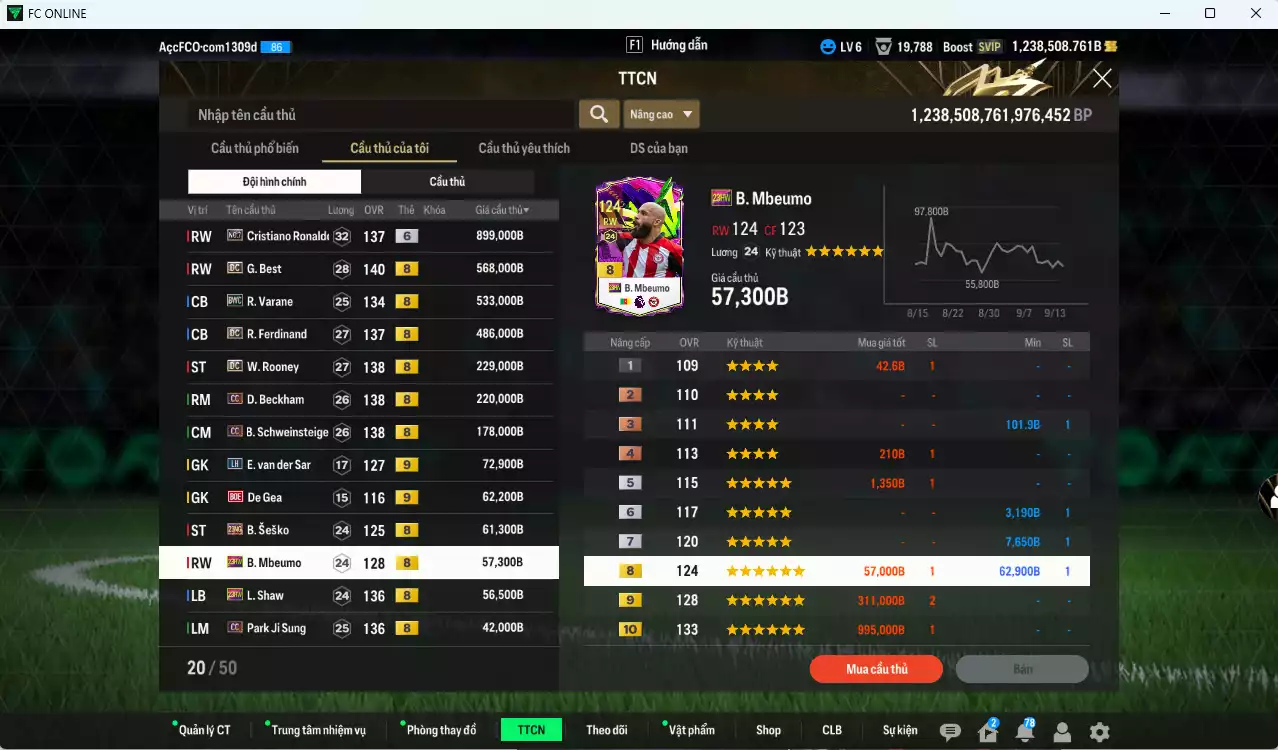 Ảnh [Dư nhiều BP, ACC Rẻ🔥] Man Utd. 3.537.660b dư 1.238.000b có CR7 No.7+6, Best DC, Varane BWC, Rooney DC, Ferdinand DC, Beckham CC, Schweinsteiger CC, Seska 21NG, Mbeumo 23HW, Shaw 23HW, Casemiro CH, Park CC...  VIP BK Tháng 9,10