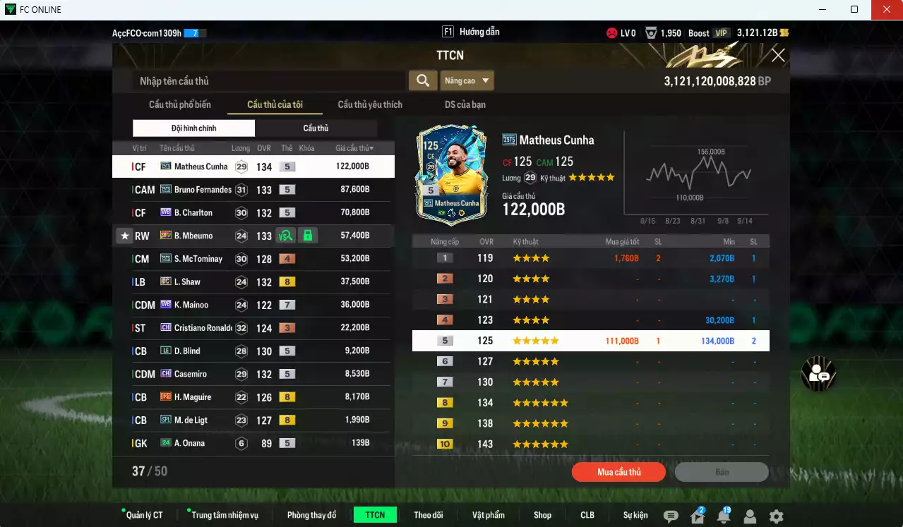 Ảnh [ACC Rẻ🔥] Man Utd. 514.720b có Matheus Cunha 25TS, Bruno 25TS, Charlton WB, Mbeumo 23HW, McTominay 25TS, Shaw DC, Casemiro CH (fix BP), Mainoo WB+7...