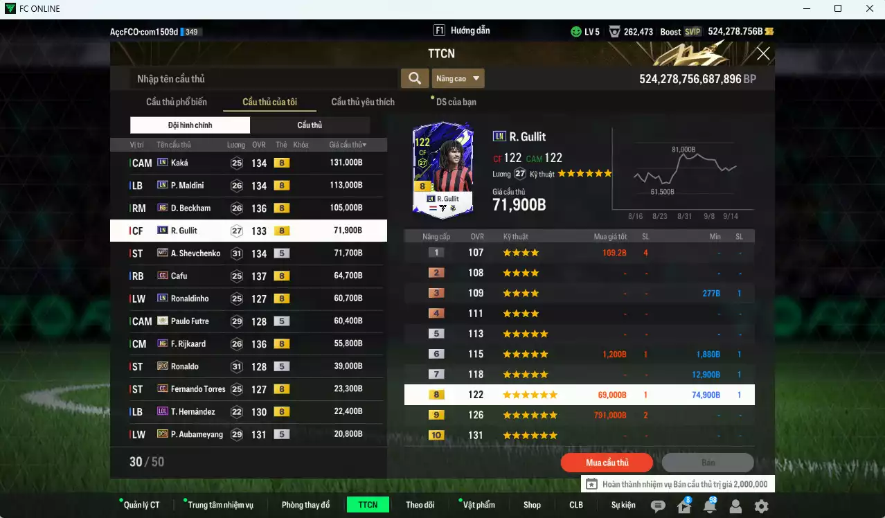 Ảnh [Dư nhiều BP, ACC Rẻ🔥Tặng 2000FC] AC Milan 910.500b dư 524.000b có Kaká LN, Beckham HG, Maldini LN, Gullit LN, Sheva No.7, Cafu CC, Ronaldinho LN, Futre ITM+5, Rijkaard HG, Ronaldo BDO, Torres CC...
