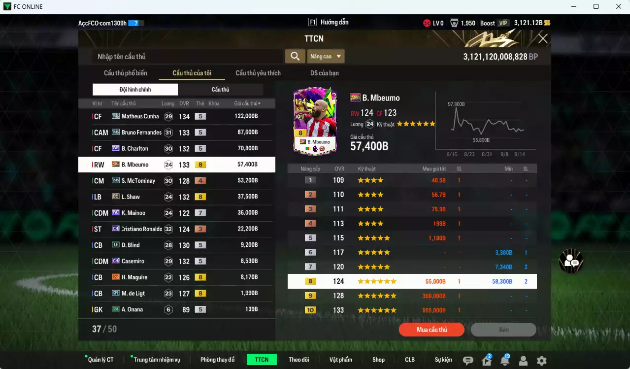 Ảnh [ACC Rẻ🔥] Man Utd. 514.720b có Matheus Cunha 25TS, Bruno 25TS, Charlton WB, Mbeumo 23HW, McTominay 25TS, Shaw DC, Casemiro CH (fix BP), Mainoo WB+7...
