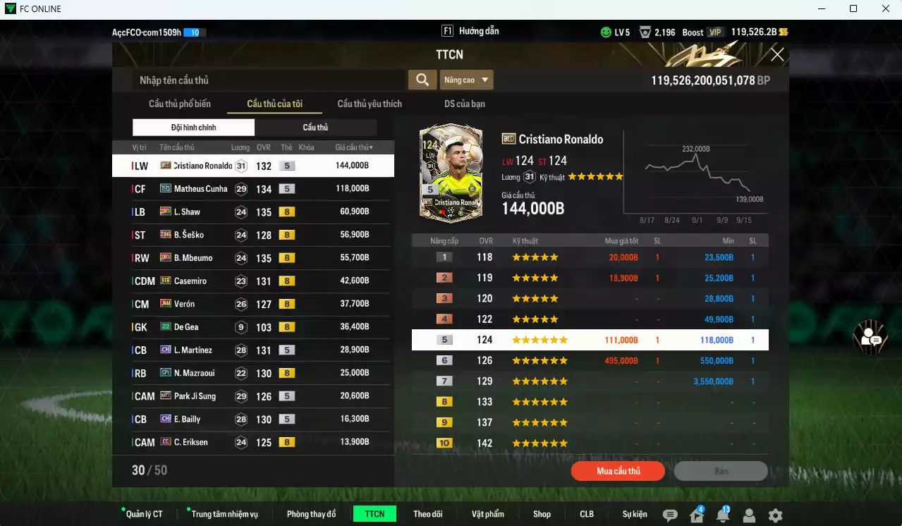 Ảnh [ACC Rẻ🔥] Man Utd. 703.080b dư 119.000b có CR7 BLD, Matheus Cunha 25TS, Shaw 23HW, Sesko 21NG, Mbeumo 23HW, Casemiro BTB, Verón JNM, L. Martínez CH, Marzaoui SPL, Park No.7, Bailly CH...