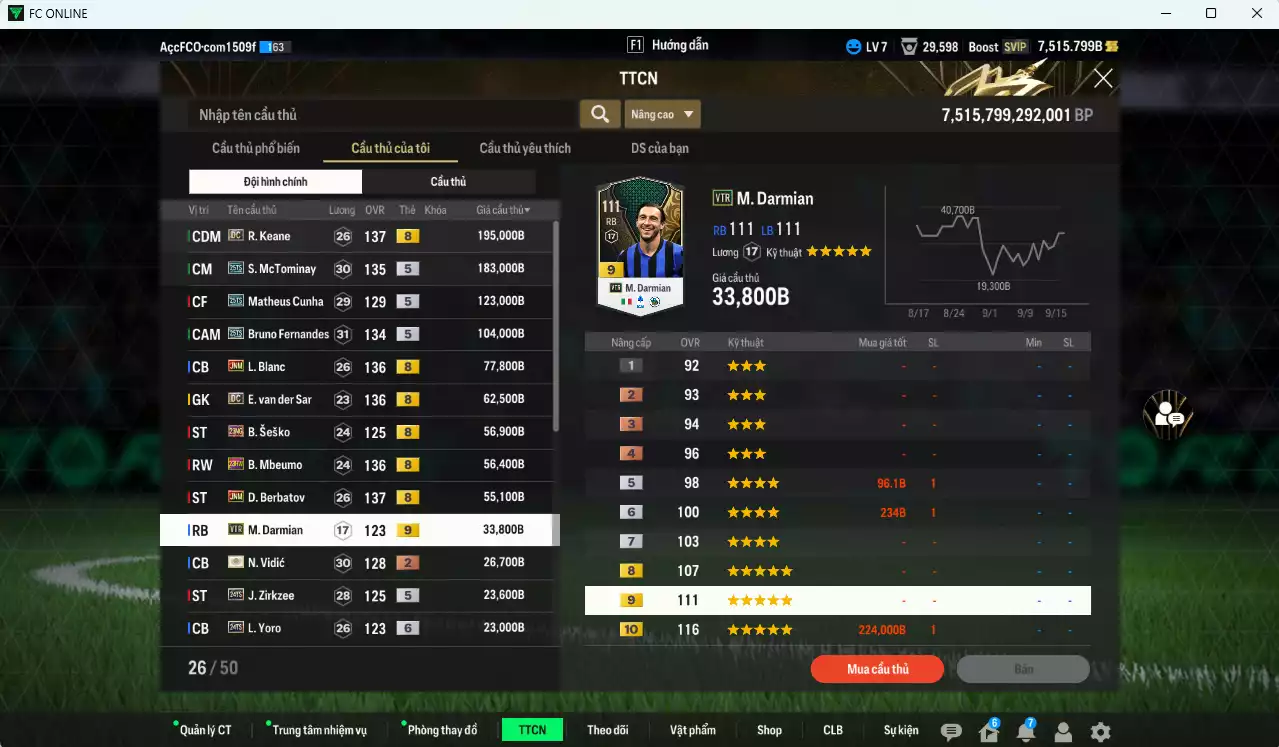 Ảnh [ACC Rẻ🔥] Man Utd. 1.067.170b có McTominay 25TS, Matheus Cunha 25TS, Bruno 25TS, Keane DC, Blanc JNM, VDS DC, Sesko 21NG, Mbeumo 23HW, Berbatov JNM... Còn nhiều CP GIẢM THUẾ