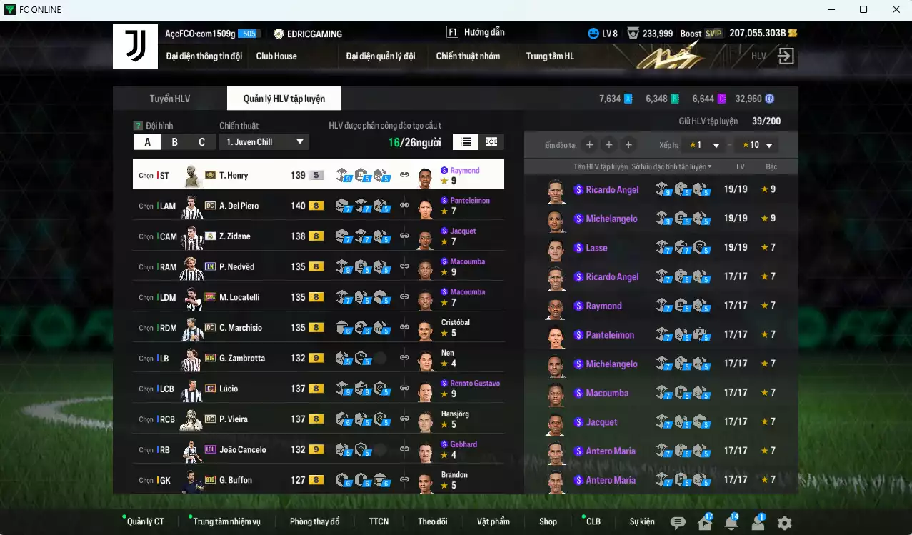 Ảnh [Dư nhiều BP] Juventus 3.552.410b dư 207.000b có Henry ITM+5, Zidane RMA, Del Piero DC, Vieira DC, Nedved LN, Lúcio CC, Zambrotta BTB+9, Cancelo LOL+9, Marchiso DC, Locatelli 23HW... Đã đào tạo full nhiều cầu thủ, HLV Xịn