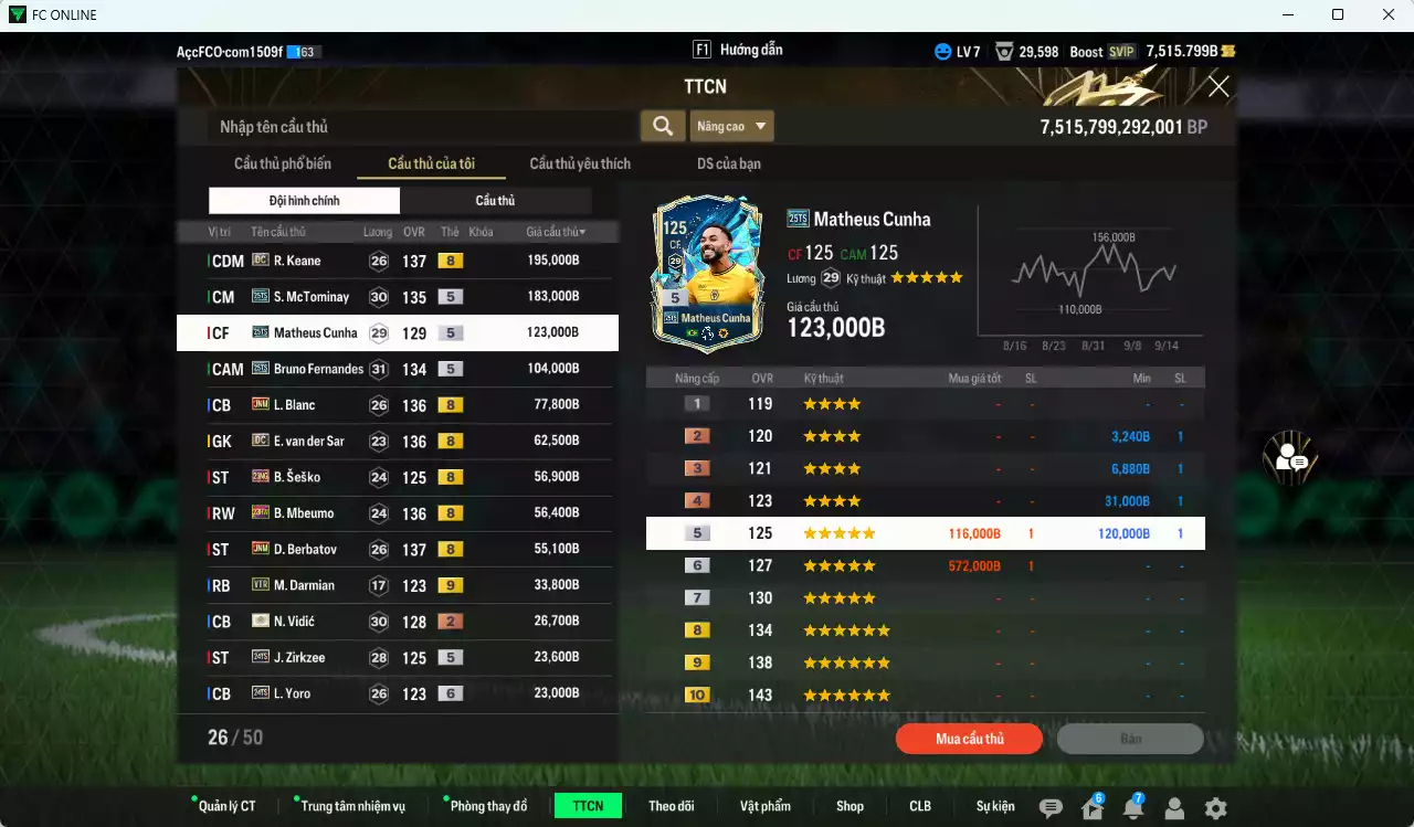 Ảnh [ACC Rẻ🔥] Man Utd. 1.067.170b có McTominay 25TS, Matheus Cunha 25TS, Bruno 25TS, Keane DC, Blanc JNM, VDS DC, Sesko 21NG, Mbeumo 23HW, Berbatov JNM... Còn nhiều CP GIẢM THUẾ