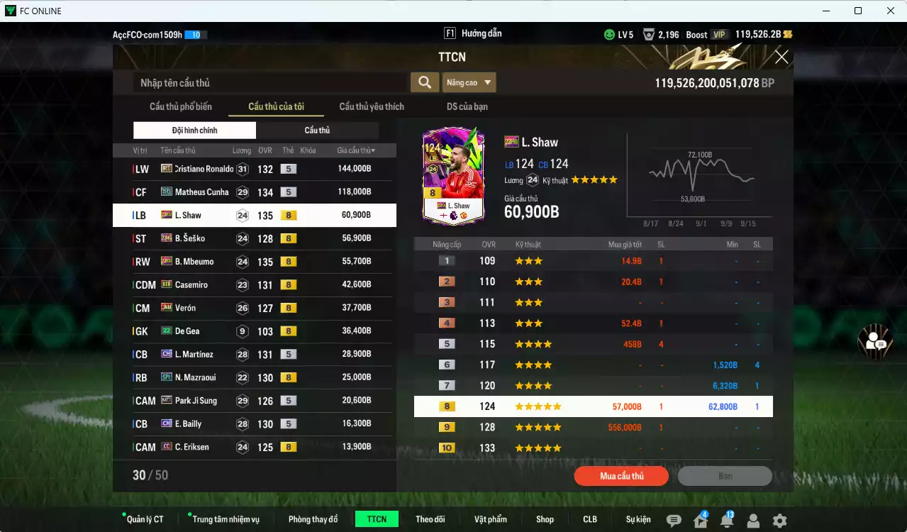 Ảnh [ACC Rẻ🔥] Man Utd. 703.080b dư 119.000b có CR7 BLD, Matheus Cunha 25TS, Shaw 23HW, Sesko 21NG, Mbeumo 23HW, Casemiro BTB, Verón JNM, L. Martínez CH, Marzaoui SPL, Park No.7, Bailly CH...