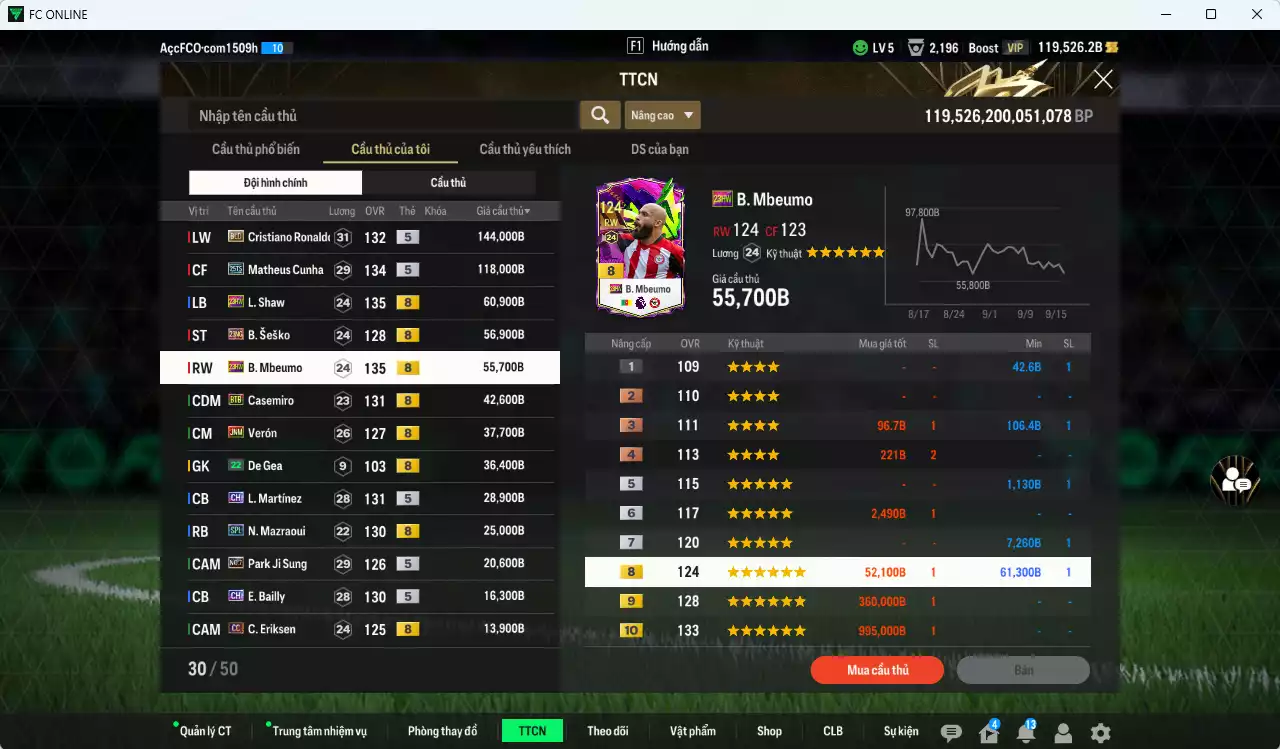 Ảnh [ACC Rẻ🔥] Man Utd. 703.080b dư 119.000b có CR7 BLD, Matheus Cunha 25TS, Shaw 23HW, Sesko 21NG, Mbeumo 23HW, Casemiro BTB, Verón JNM, L. Martínez CH, Marzaoui SPL, Park No.7, Bailly CH...