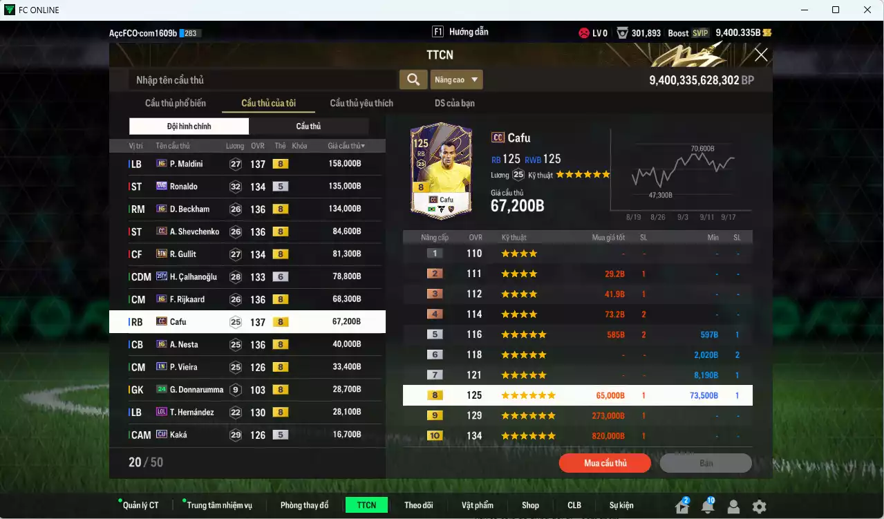 Ảnh [ACC Rẻ🔥] AC Milan 980.710b có Maldini HG, Ronaldo WB, Beckham HG, Sheva CC, Gullit RTN, Calhanoglu 26TY+6, Rijkaard HG, Cafu CC, Nesta HG, Vieira LN... Gần full bảng đào tạo chiến thuật, đào tạo full nhiều CT. HLV Xịn