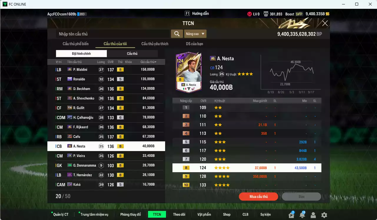 Ảnh [ACC Rẻ🔥] AC Milan 980.710b có Maldini HG, Ronaldo WB, Beckham HG, Sheva CC, Gullit RTN, Calhanoglu 26TY+6, Rijkaard HG, Cafu CC, Nesta HG, Vieira LN... Gần full bảng đào tạo chiến thuật, đào tạo full nhiều CT. HLV Xịn