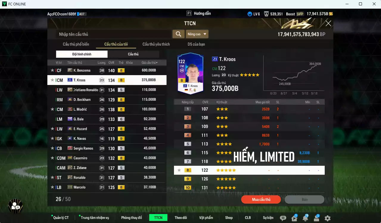 Ảnh [ACC Rẻ🔥] Real Madrid 1.813.230b dư 17.900b có Benzema DC, Kroos 21UCL (hiếm), CR7 BLD, Beckham HG, Modric CC, Bale WB+6, Hazard HG, Ramos LD, Casemiro BTB, Zidane BDO, Ronaldo BDO... nhiều hàng hiếm, đã đào tao nữa bảng chiến thuật. HLV Xịn