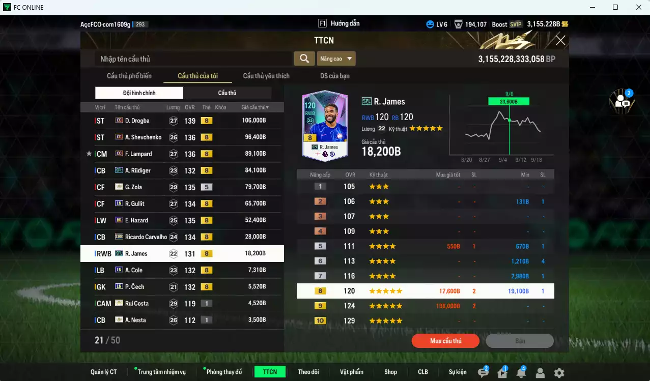Ảnh [ACC Rẻ🔥] Chelsea 640.550b có Drogba CC, Sheva CC, Lampard CC, Rudiger SPL, Zola ITM+5, Gullit LN, Hazard HG, Carvalho 23HR, James SPL... Còn nhiều CP GIẢM THUẾ, HLV Xịn