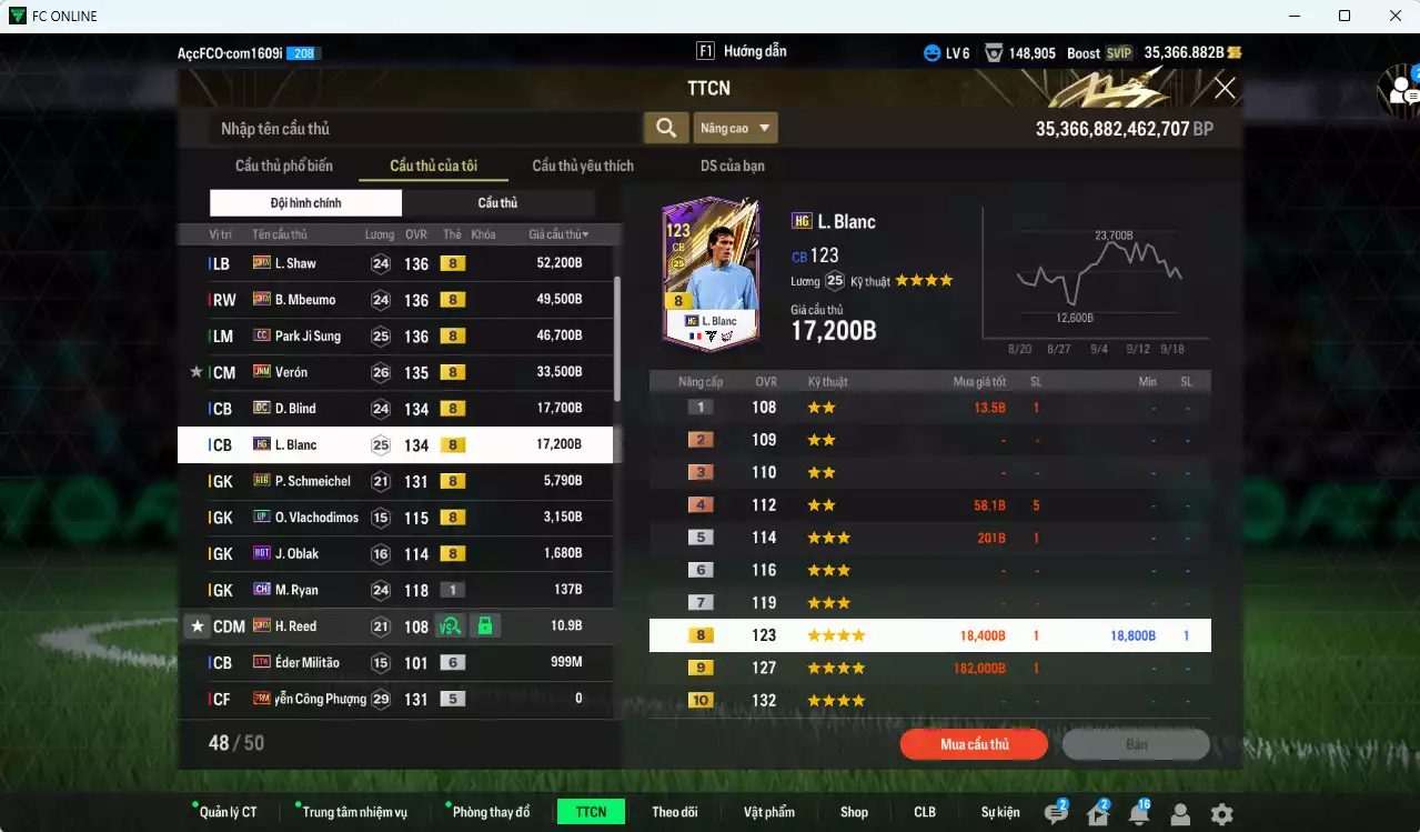 Ảnh Man Utd. 783.560b dư 35.000b có Forlán JNM, Schweinsteiger DC, Scholes DC, Công Phương PRIME+5, Shaw 23HW, Mbeumo 23HW, Park CC, Verón JNM, Blind DC, Blanc HG... Dư 23.000 TC, HLV Xịn