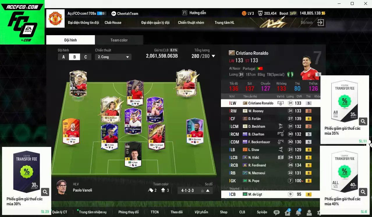 [ACC Rẻ🔥] Man Utd. 2.061.590b dư 148.000b có Beckham ITM+3, Rooney ITM+3, Forlán CC, CR7 BLD, Charlton WB, Beckenbauer WB, Shaw E21, Vidic LN, Ferdinand HG, Mazraoui SPL... Còn nhiều CP GIẢM THUẾ, HLV Xịn
