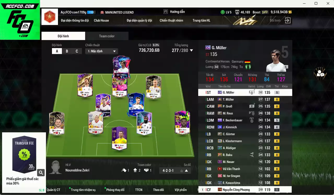 [ACC Cổ 7 năm, đủ điều kiện nhận Xuân Son PRIME+5] Đức 726.720b có G. Muller CH, Reus DC, Muller HG, Kimmich 24UCL+6, Rudiger SPL, Beckenbauer WB, Klostermann MDL, GroB 23HW... Dư 35.000 TC, HLV Xịn