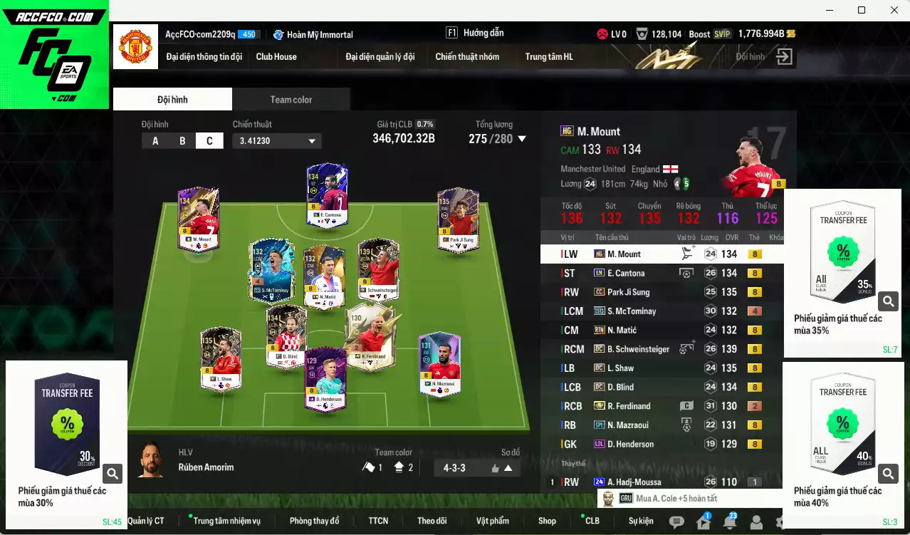 [ACC Rẻ🔥] Man Utd. 346.700b có Schweinsteiger DC, Park CC, Matic RTN, Shaw DC, McTominay 25TS, Ferdinand ITM+2, Mazraoui SPL, Cantona LN, Blind DC, Mount HG... Còn nhiều CP GIẢM THUẾ, coin ITM, HLV Xịn